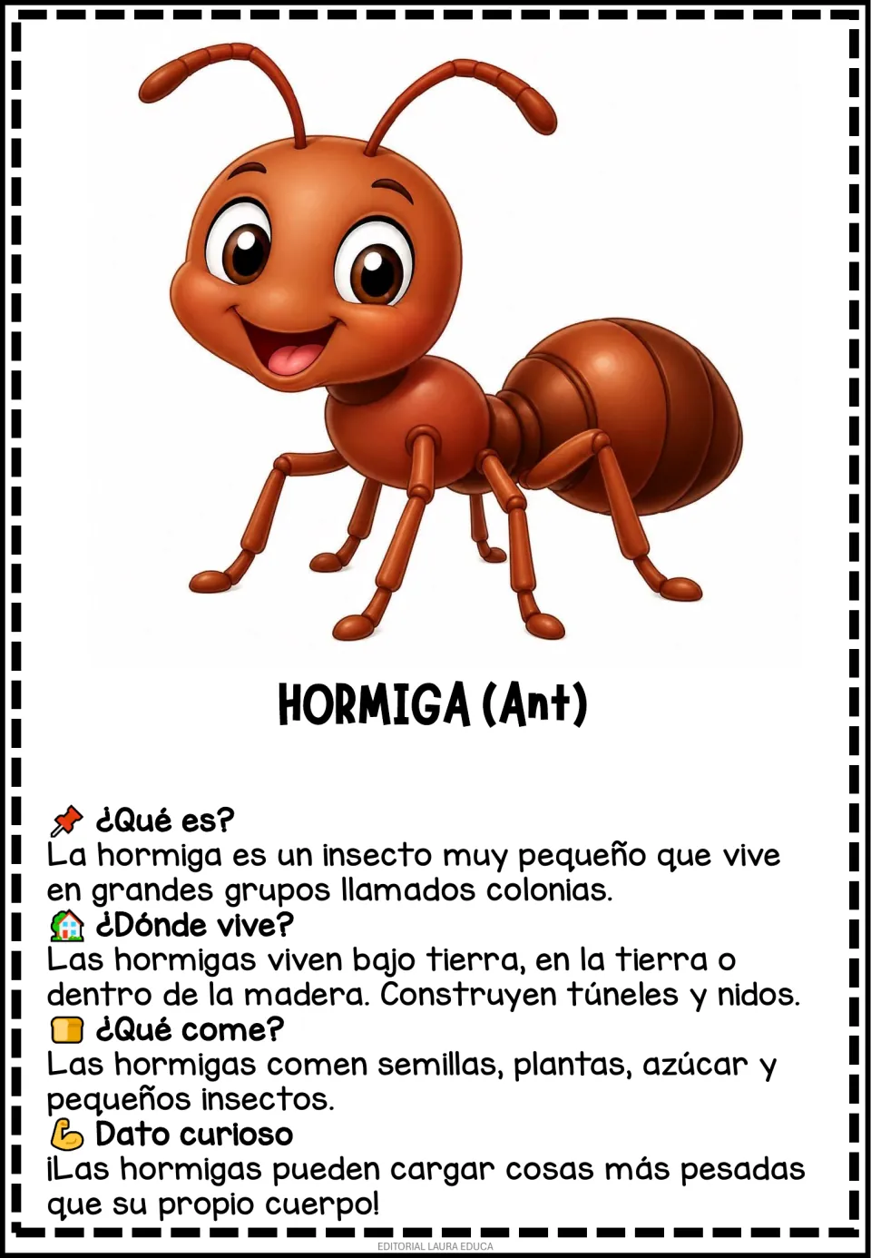Hormiga (Ant) card in Spanish on colonies, underground tunnels and nests, a seed and sugar diet, and carrying heavy loads