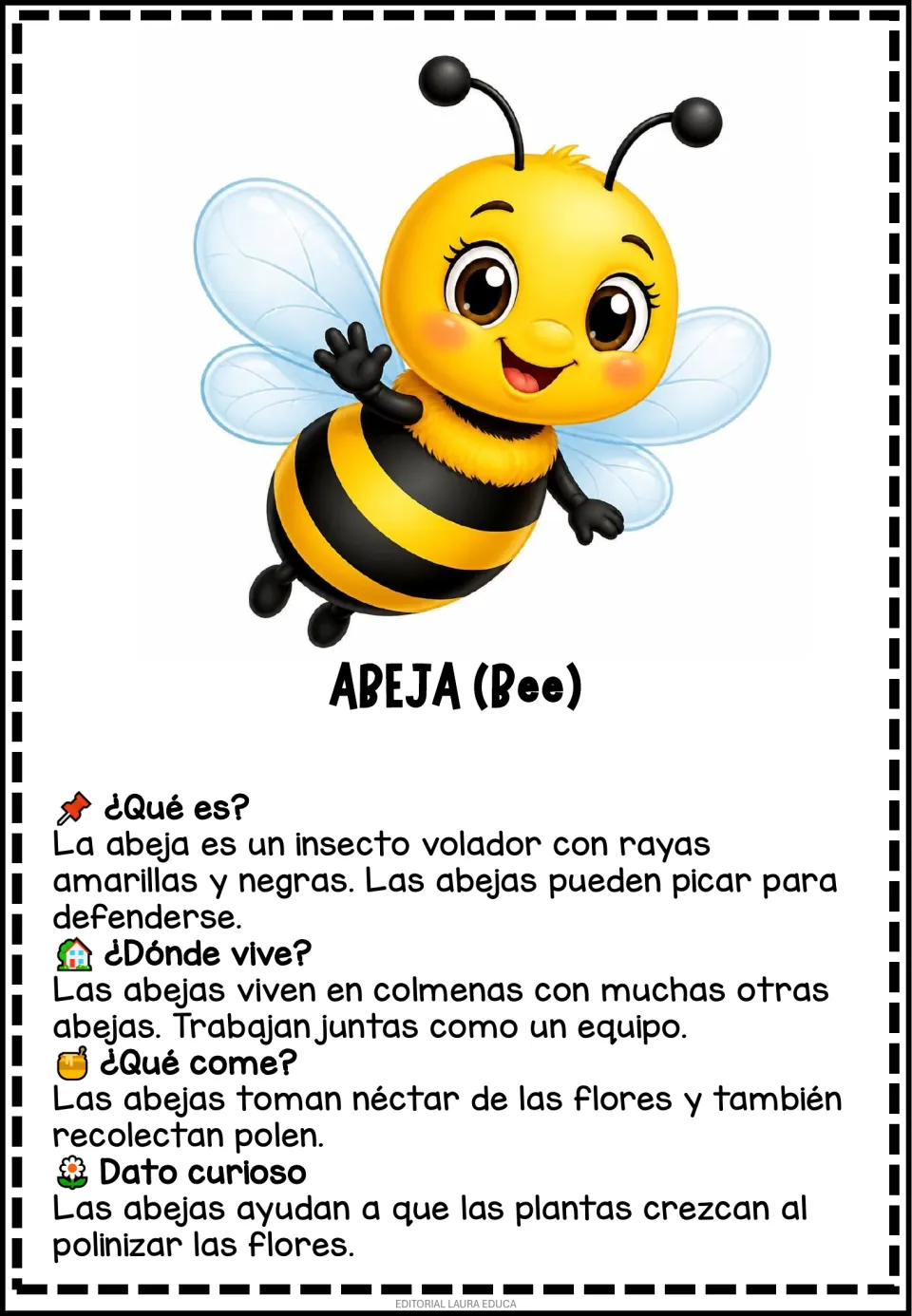 Abeja (Bee) card in Spanish: yellow and black stripes, stinging, hive life, nectar and pollen, and pollinating flowers