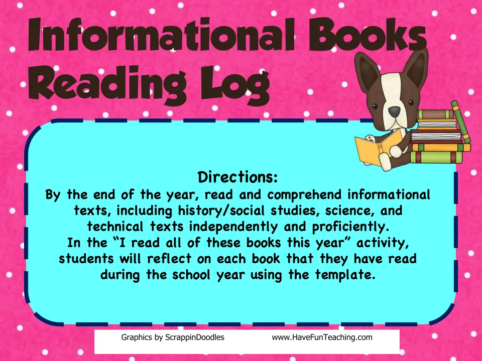 Informational Books Reading Log cover: directions for students to reflect on each nonfiction book read during the year