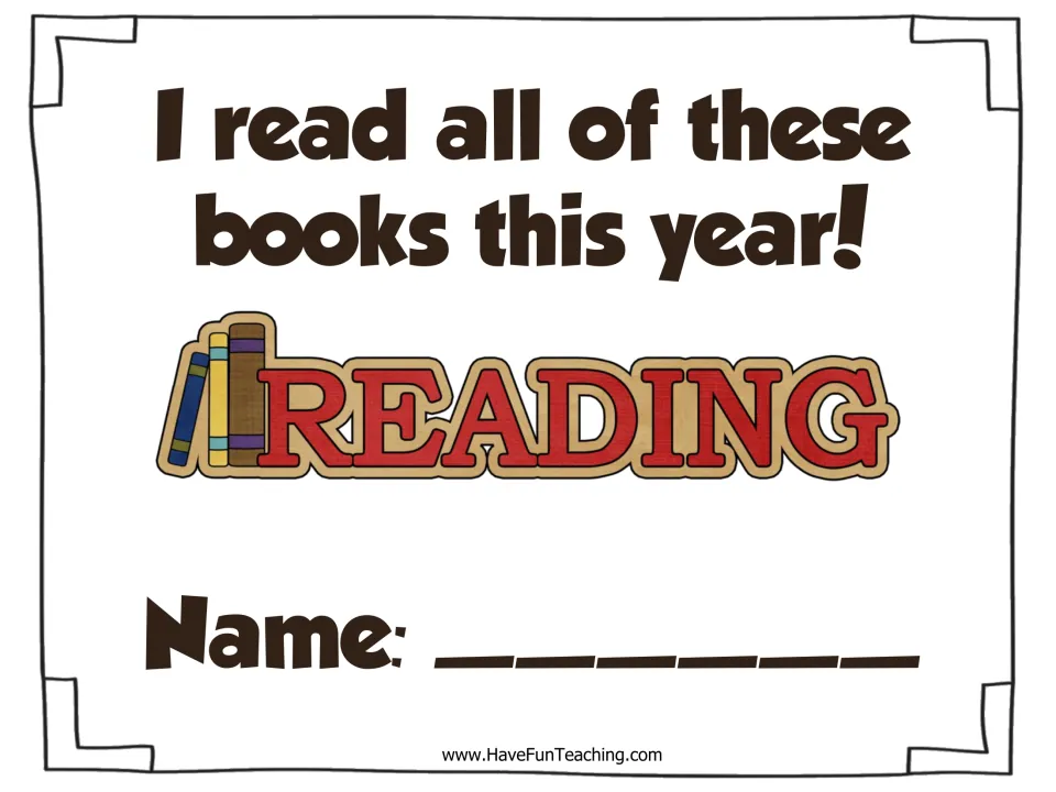 Title page for a student's book log reading 'I read all of these books this year!' with a READING banner and a name line