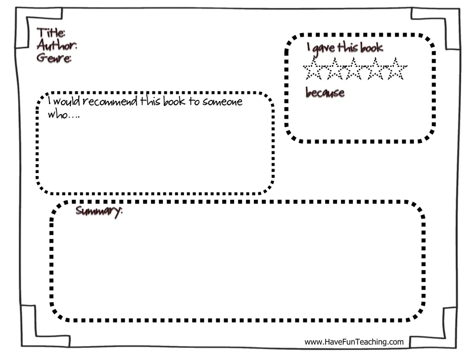 Book reflection template: students record title, author and genre, rate it out of 5 stars, recommend it and write a summary
