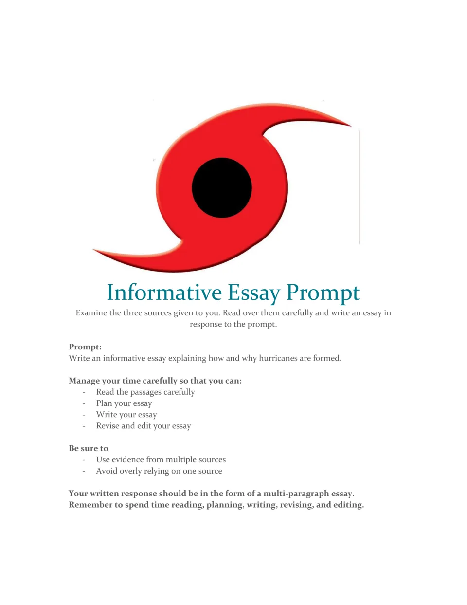 Informative essay prompt: students read three sources and explain how and why hurricanes form, using evidence from each