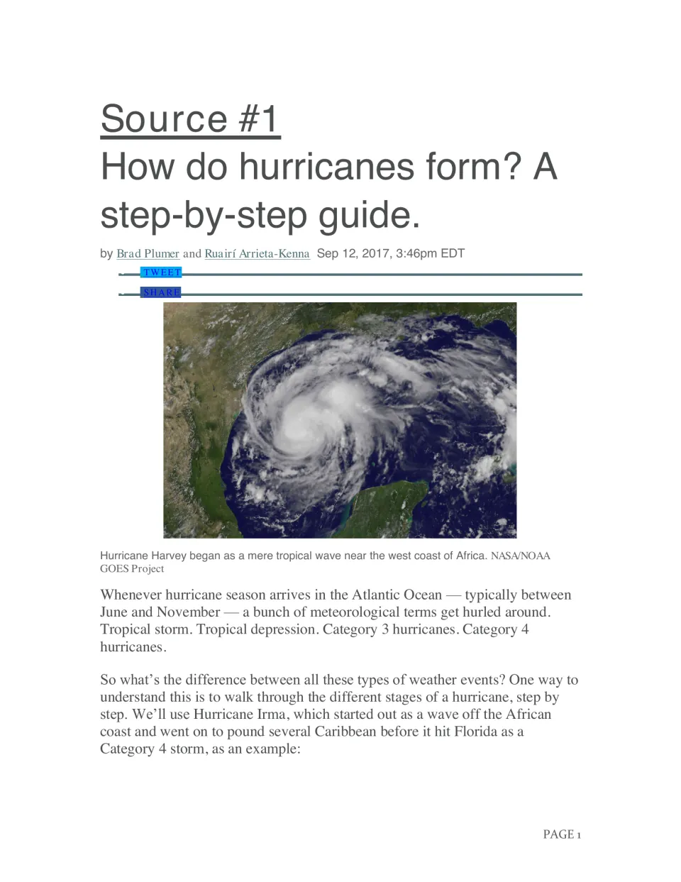 Source #1, How do hurricanes form? A step-by-step guide: article opening with a satellite photo of Hurricane Harvey