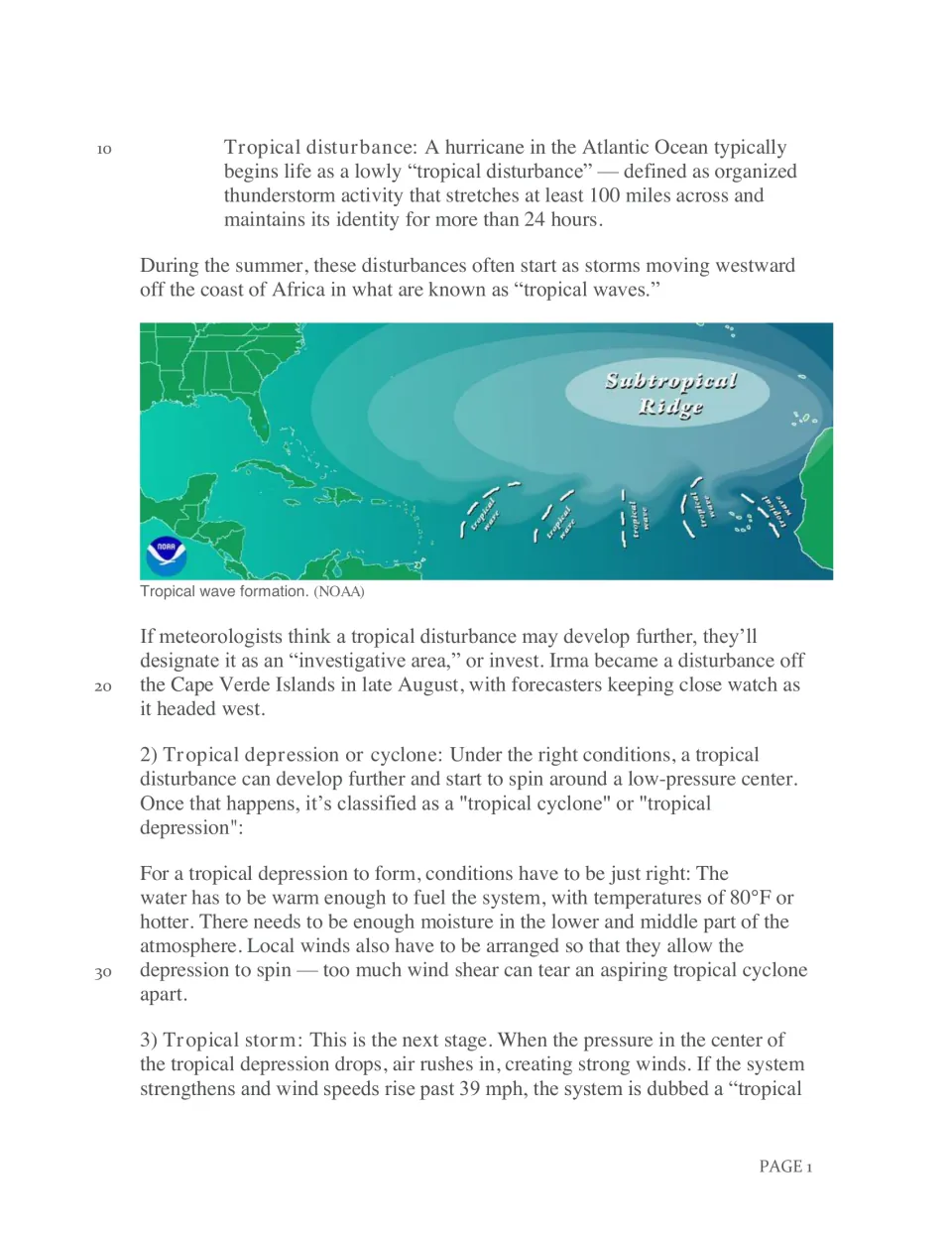 Hurricane stages article: tropical disturbance, depression and storm explained, with a NOAA map of tropical wave formation