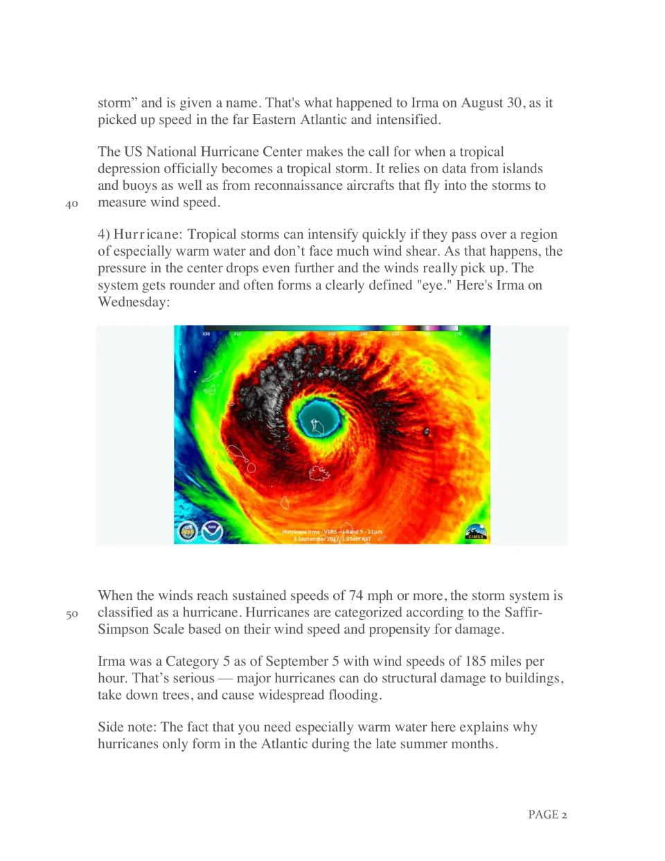 Hurricane stage article continued: how tropical storms become hurricanes, with a color satellite image of Irma's eye