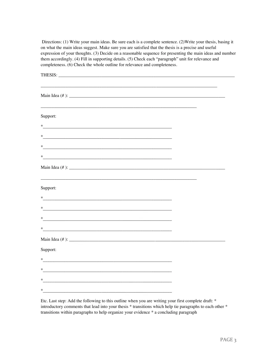 Essay outline: students write a thesis, three numbered main ideas and four supporting details for each, following 6 steps