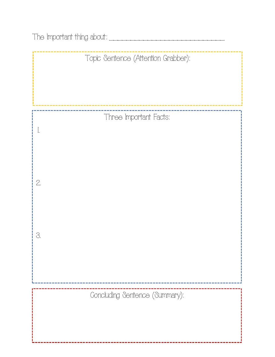 Informational paragraph planner: students name a topic, write an attention-grabbing topic sentence, 3 facts and a summary