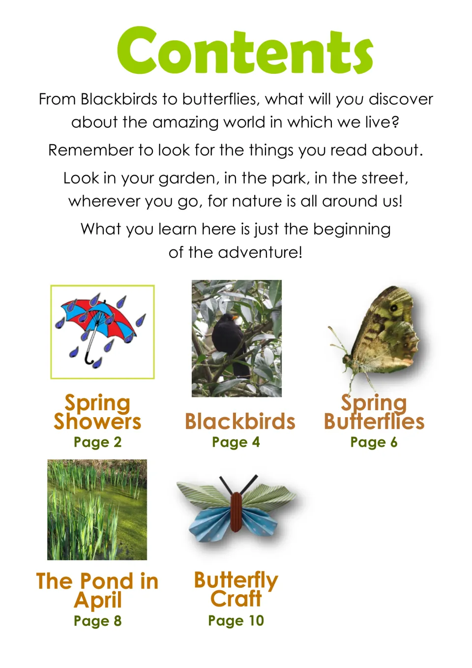 Contents listing Spring Showers, Blackbirds, Spring Butterflies, The Pond in April and Butterfly Craft