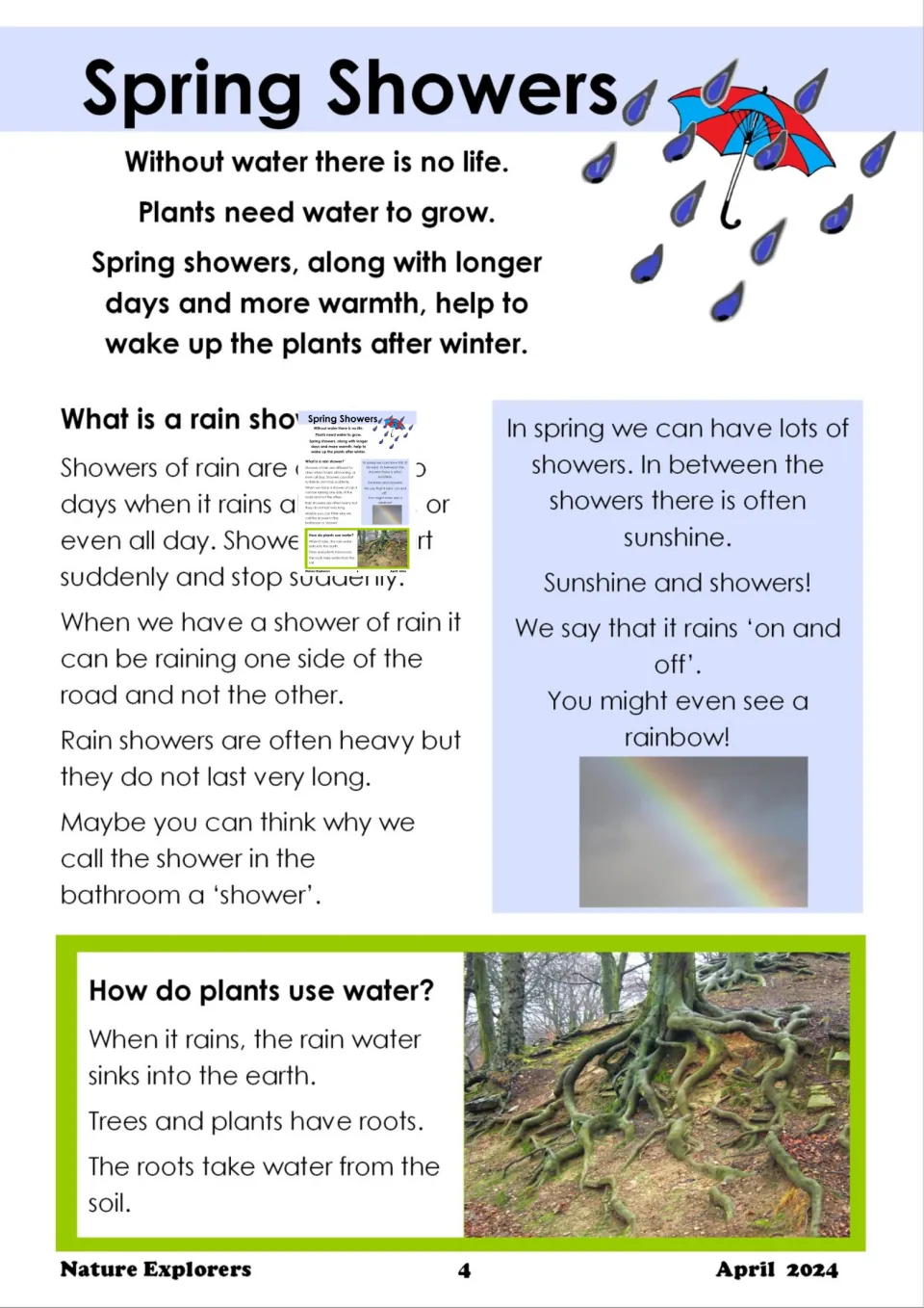 Spring Showers article: what a rain shower is, sunshine and showers, and how plant roots take water from soil