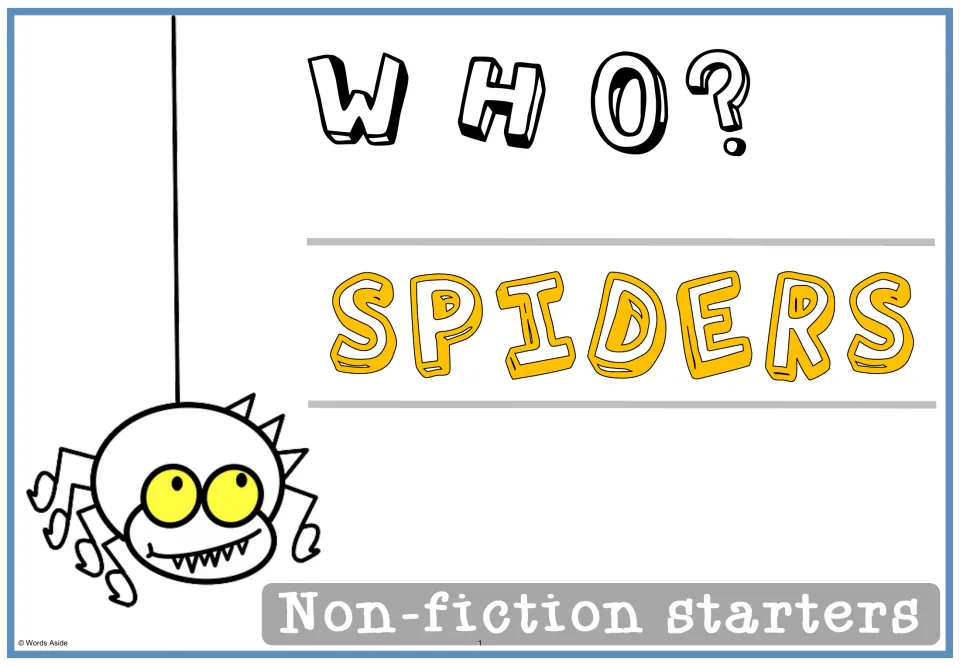 Cover for Who? Spiders, a non-fiction starters set, with a cartoon spider hanging from a thread beside the title