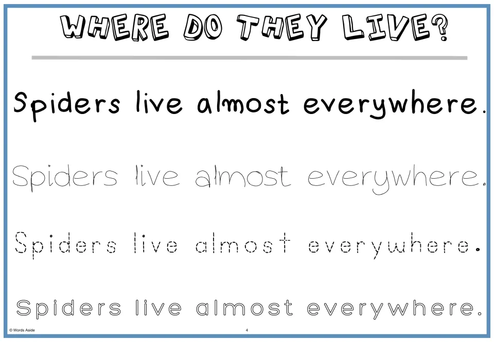 Where do they live? Students read 'Spiders live almost everywhere.' and trace the habitat fact in three tracing styles