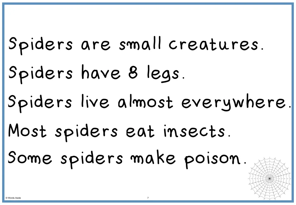 Spider fact passage: students read all five facts together in bold print, from small creatures to making poison