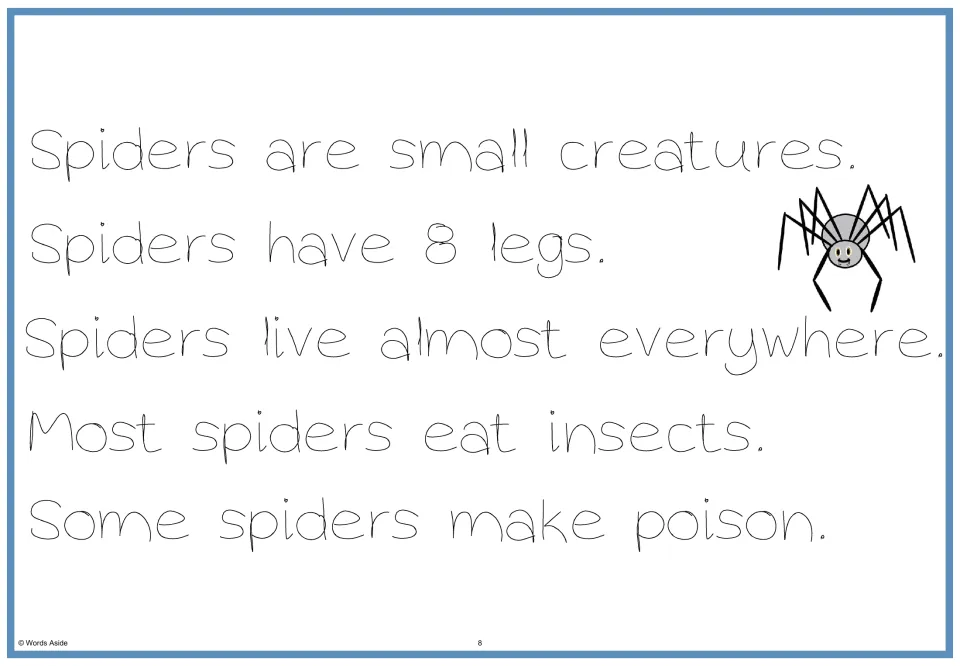 Spider passage tracing: students trace all five spider facts in thin handwriting print, with a cartoon spider beside them