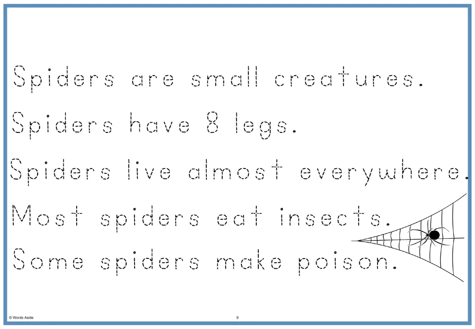 Dotted spider passage: students trace the five facts about size, legs, home, food and poison, with a spider in its web