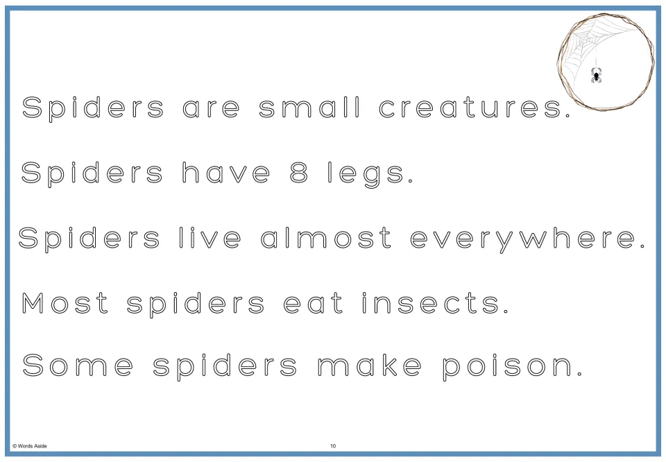 Outlined spider passage: students trace the five spider facts in hollow letters, with a round spider web picture