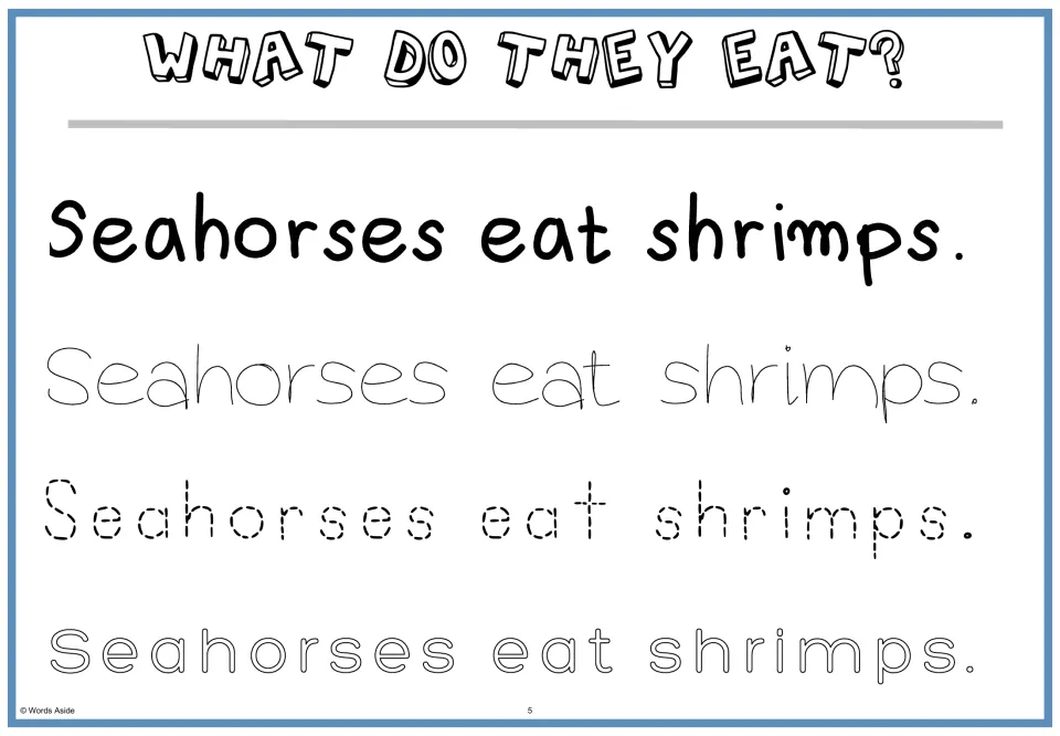 What do they eat? Students read 'Seahorses eat shrimps.' and trace it three more times in faint, dotted and hollow print