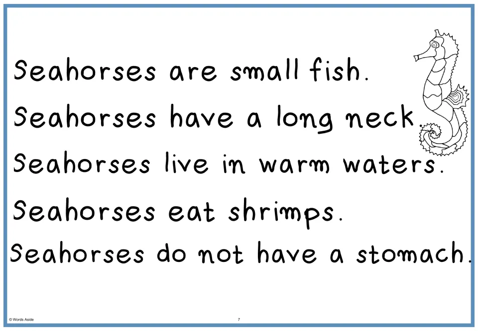 Seahorse passage: students read all five facts in bold print, from 'Seahorses are small fish' to 'do not have a stomach'