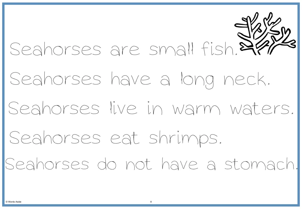 Seahorse passage in thin print: students read and trace all five sentences about size, neck, habitat, food and stomach