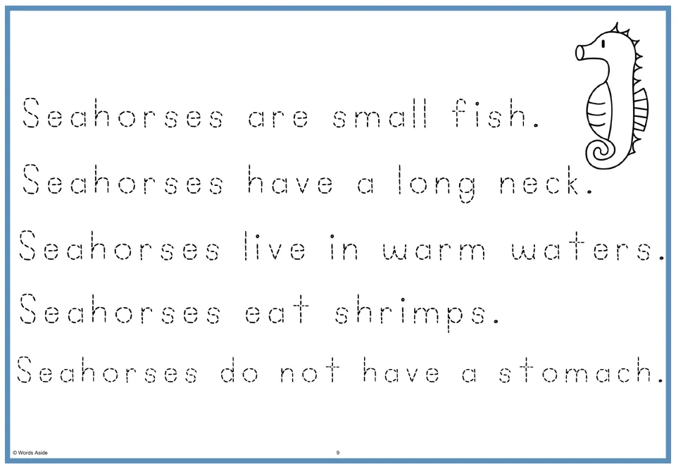 Seahorse passage in dotted letters: students trace the five sentences, from small fish and long neck to having no stomach