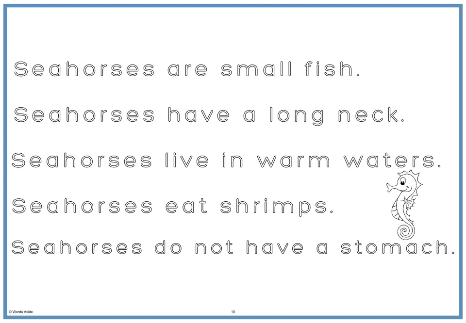 Seahorse passage in hollow letters: students trace inside all five facts, from small fish to no stomach