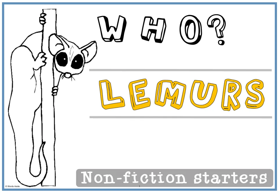 Who? Lemurs cover for Non-fiction starters, with a line drawing of a wide-eyed lemur clinging to a tree trunk