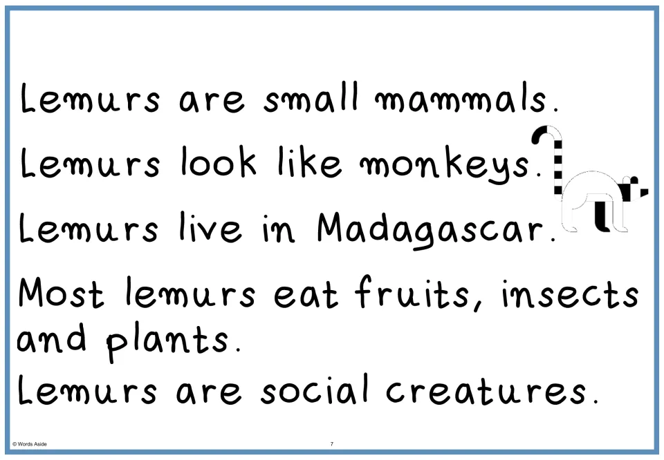 Lemur passage to read: all five facts in bold print, from small mammals and Madagascar to diet and social creatures