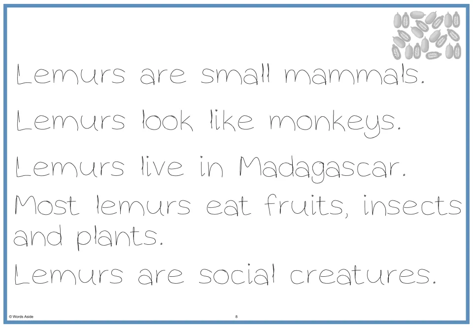 Lemur passage in thin handwriting-style print: students read and copy all five facts together as one paragraph
