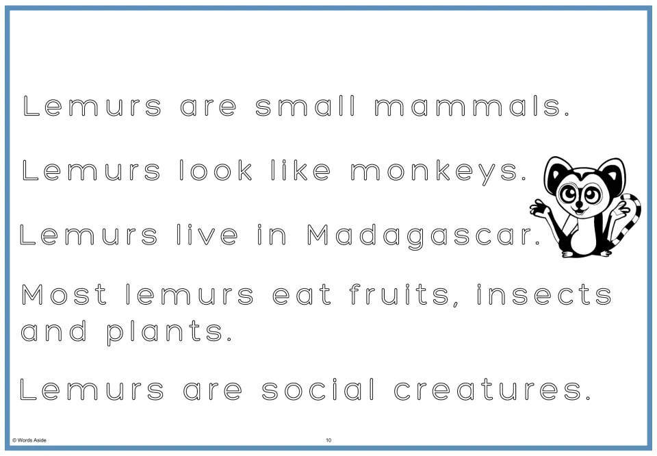 Lemur passage in hollow outline letters: students trace inside the letters of all five sentences beside a cartoon lemur