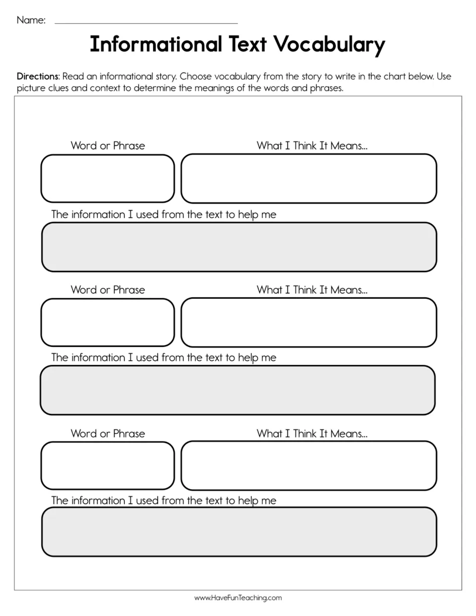 Vocabulary recording sheet for three words or phrases, their inferred meanings, and supporting text evidence.