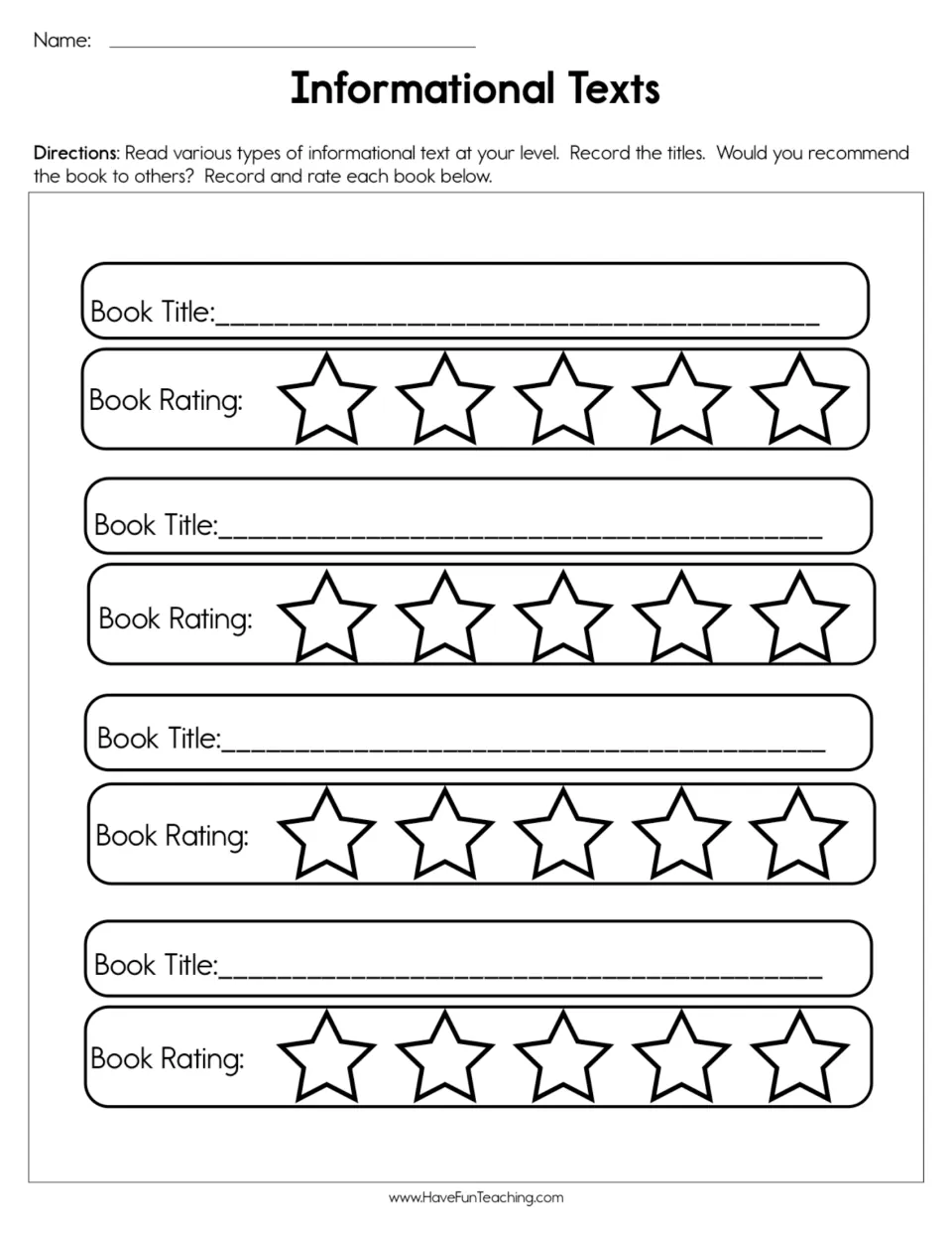 Informational text reading log: students record titles of four nonfiction books and rate each one from one to five stars