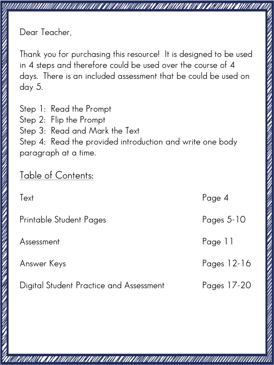 Teacher letter listing the 4 steps: read the prompt, flip it, mark the text, write body paragraphs, plus a table of contents
