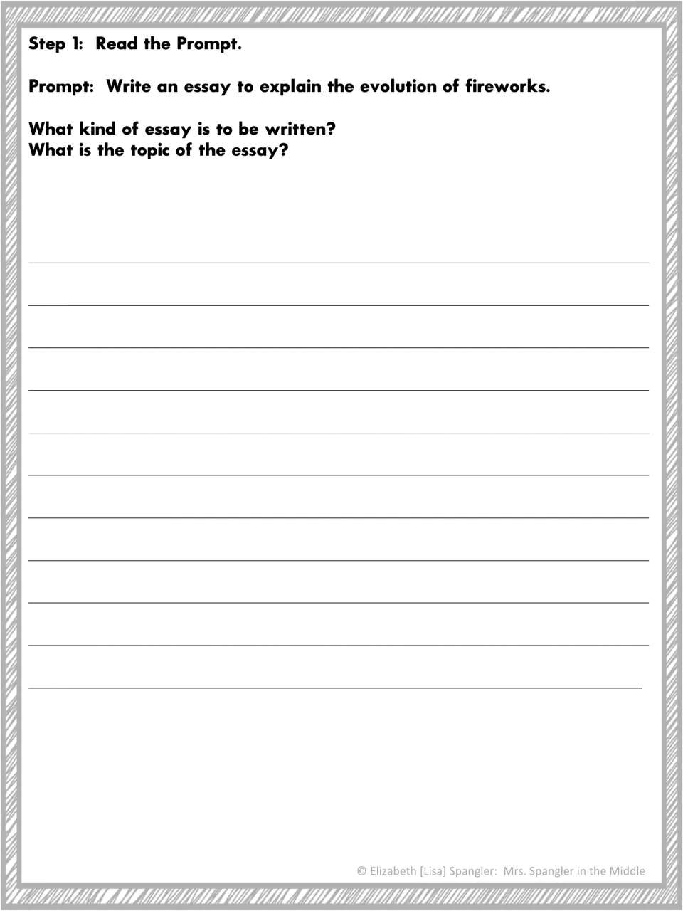 Step 1, read the prompt: students answer what kind of essay is to be written and what its topic is for the fireworks prompt