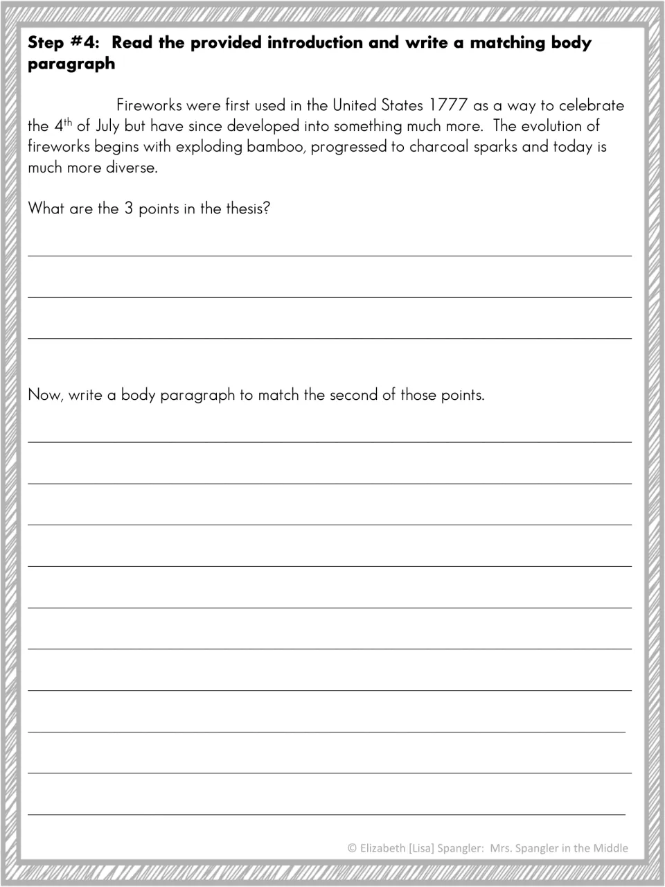 Step 4, body paragraph two: students reread the introduction, list the thesis points, then write on the second point