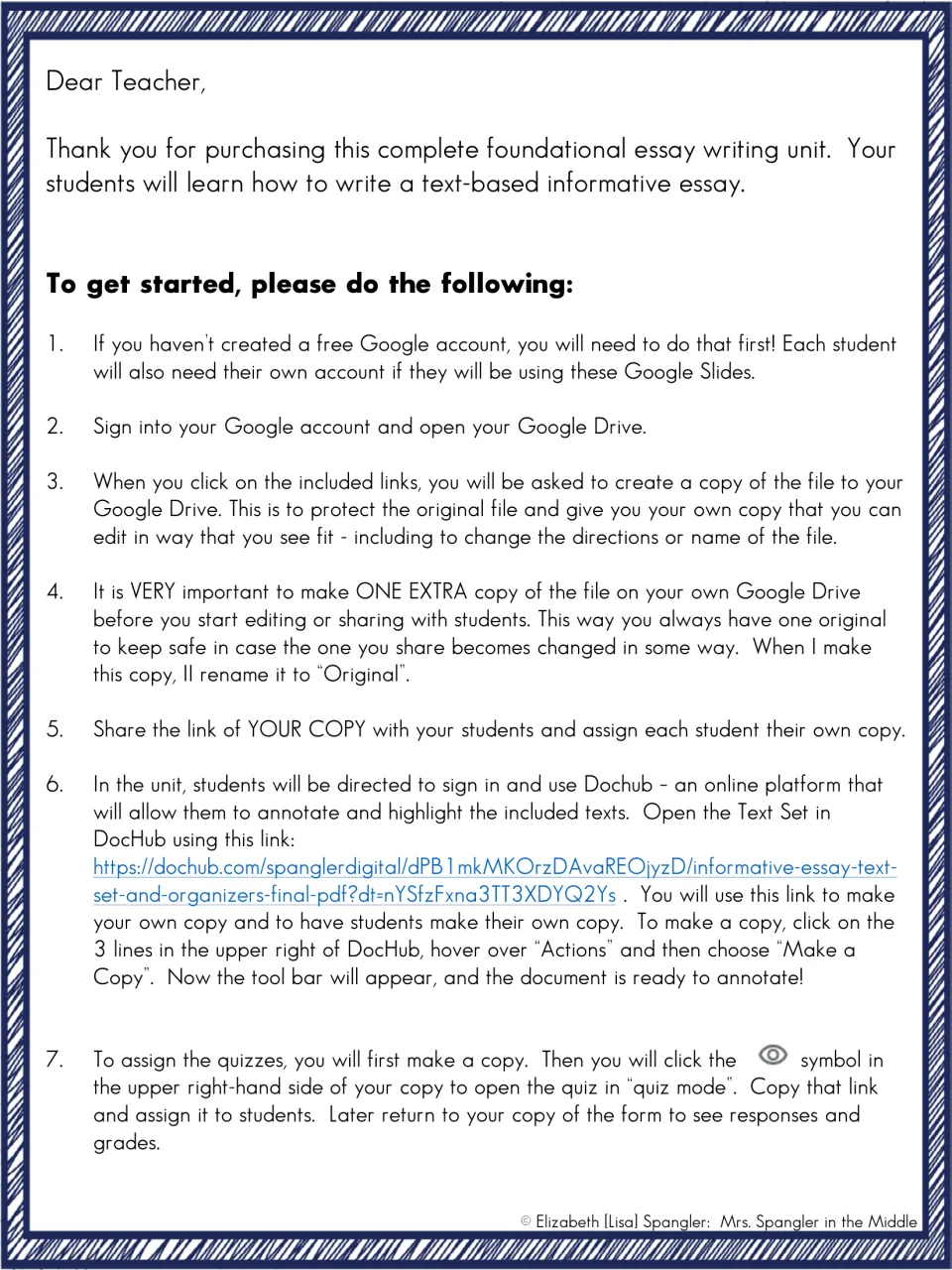 Dear Teacher letter with 7 setup steps: Google account, copying files, DocHub text set for annotating, assigning quizzes