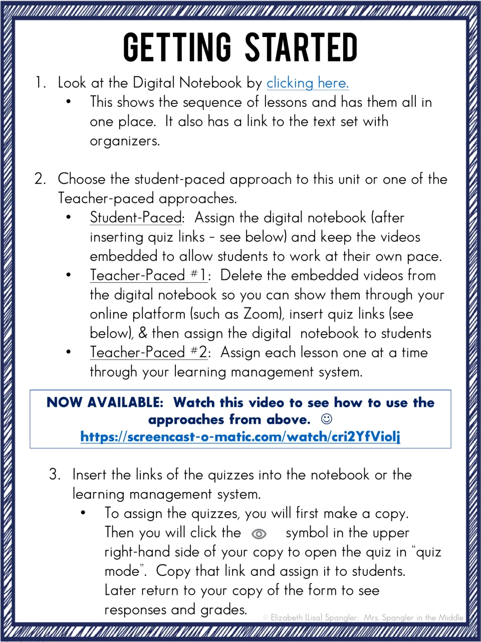 Getting started steps: open the digital notebook, choose student-paced or teacher-paced approach, and insert the quiz links