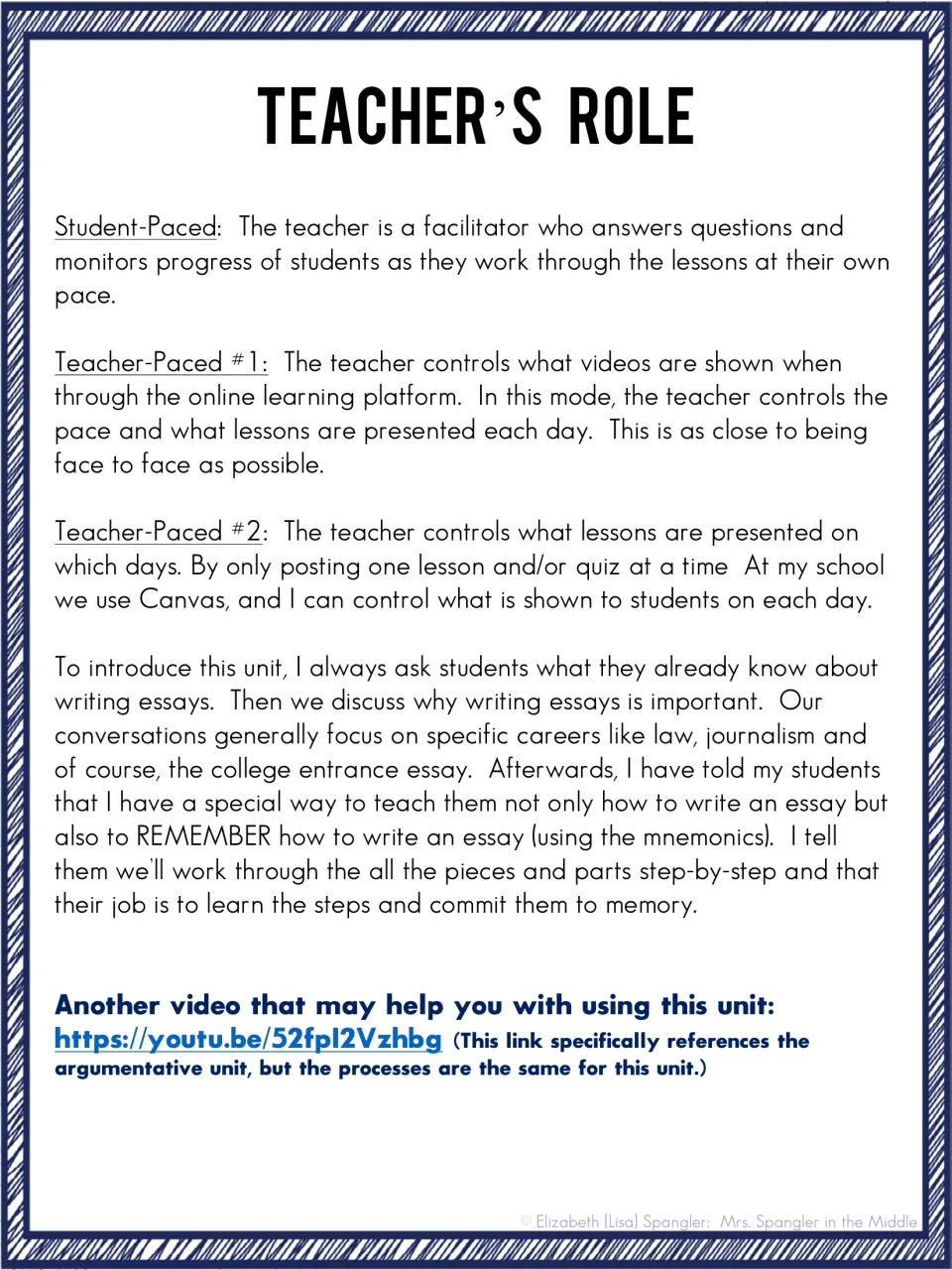 Teacher's role in each pacing mode, plus how the author introduces essay writing with careers talk and mnemonics