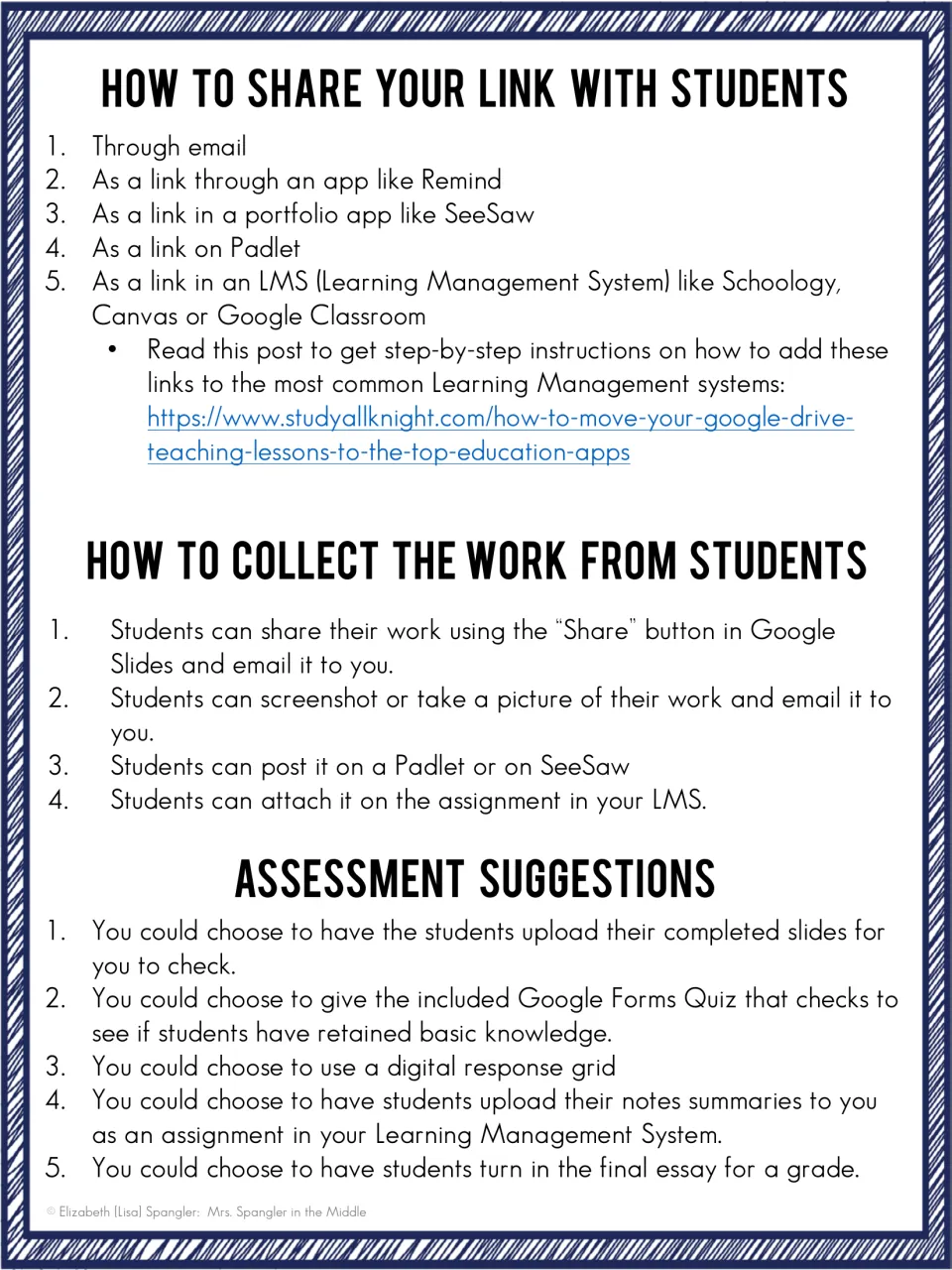 Sharing links via email, Remind, SeeSaw, Padlet or an LMS, collecting student work, and five assessment suggestions