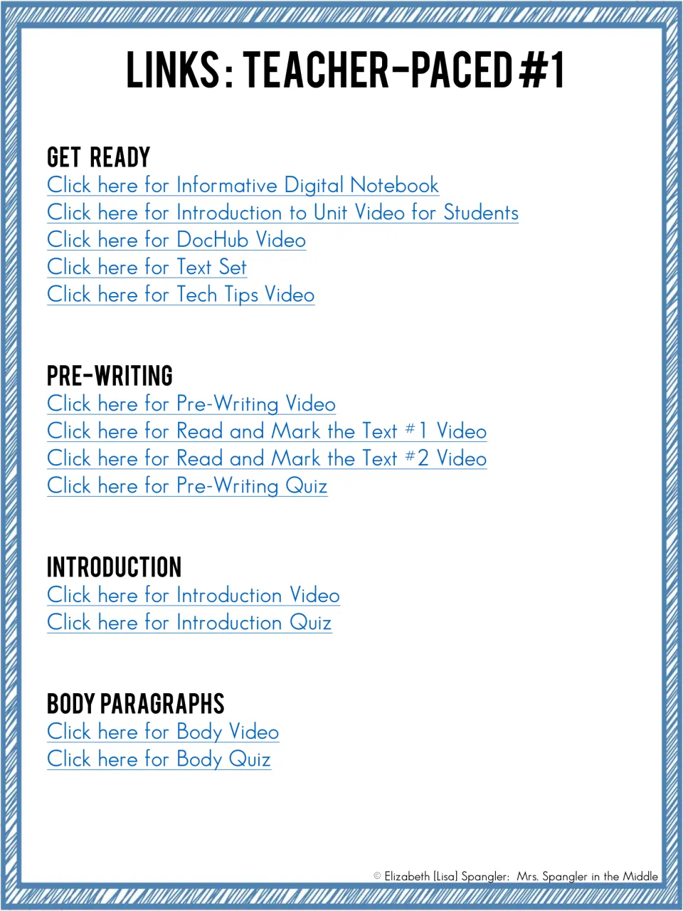 Teacher-paced #1 links to videos and quizzes for pre-writing, read and mark text, introduction and body paragraphs