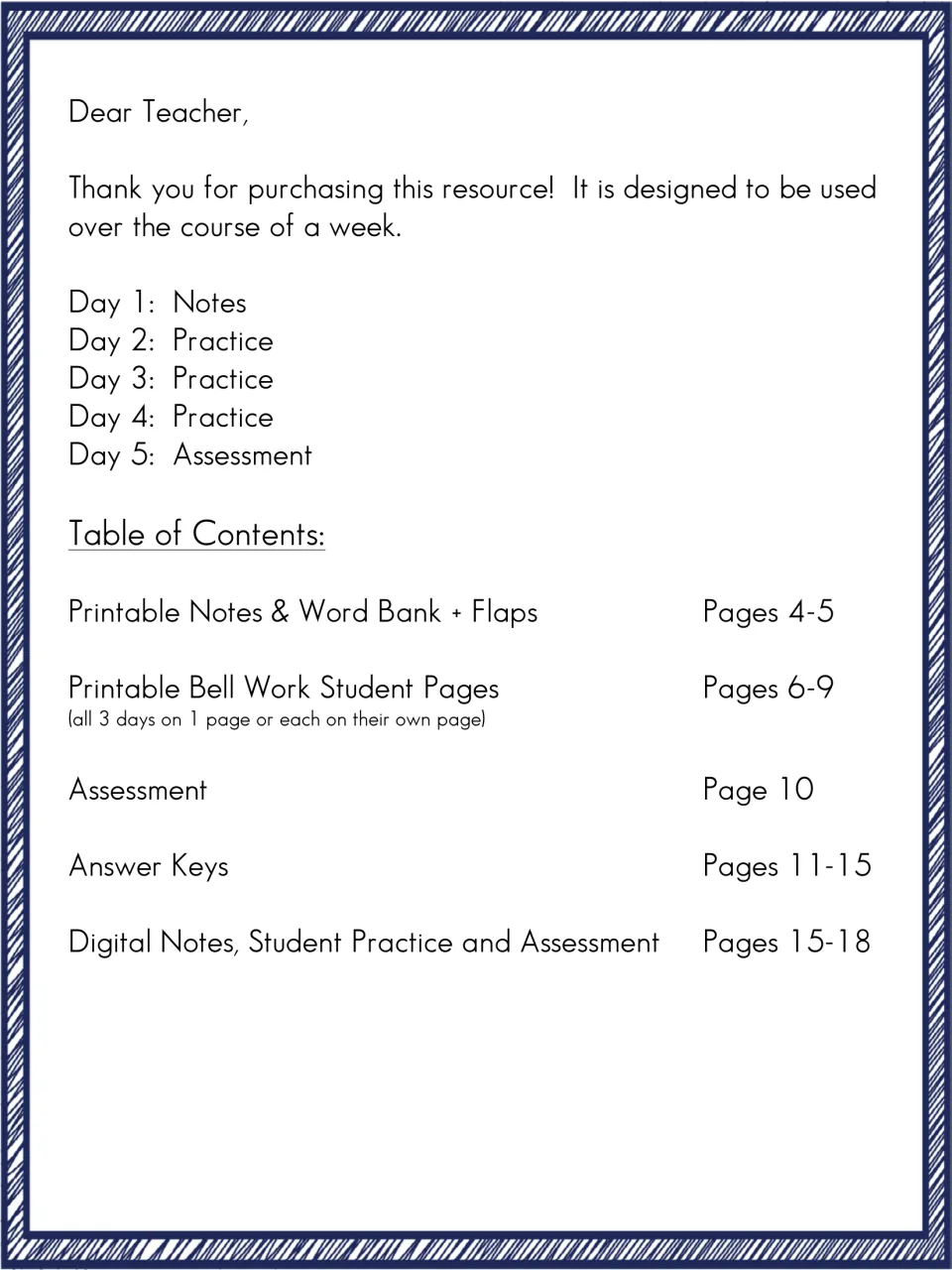 Teacher letter with a five-day plan (notes, three practice days, assessment) and a table of contents listing page ranges