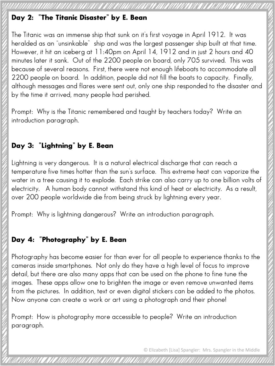Three bell-work readings on the Titanic, lightning and photography, each with a prompt to write an introduction paragraph
