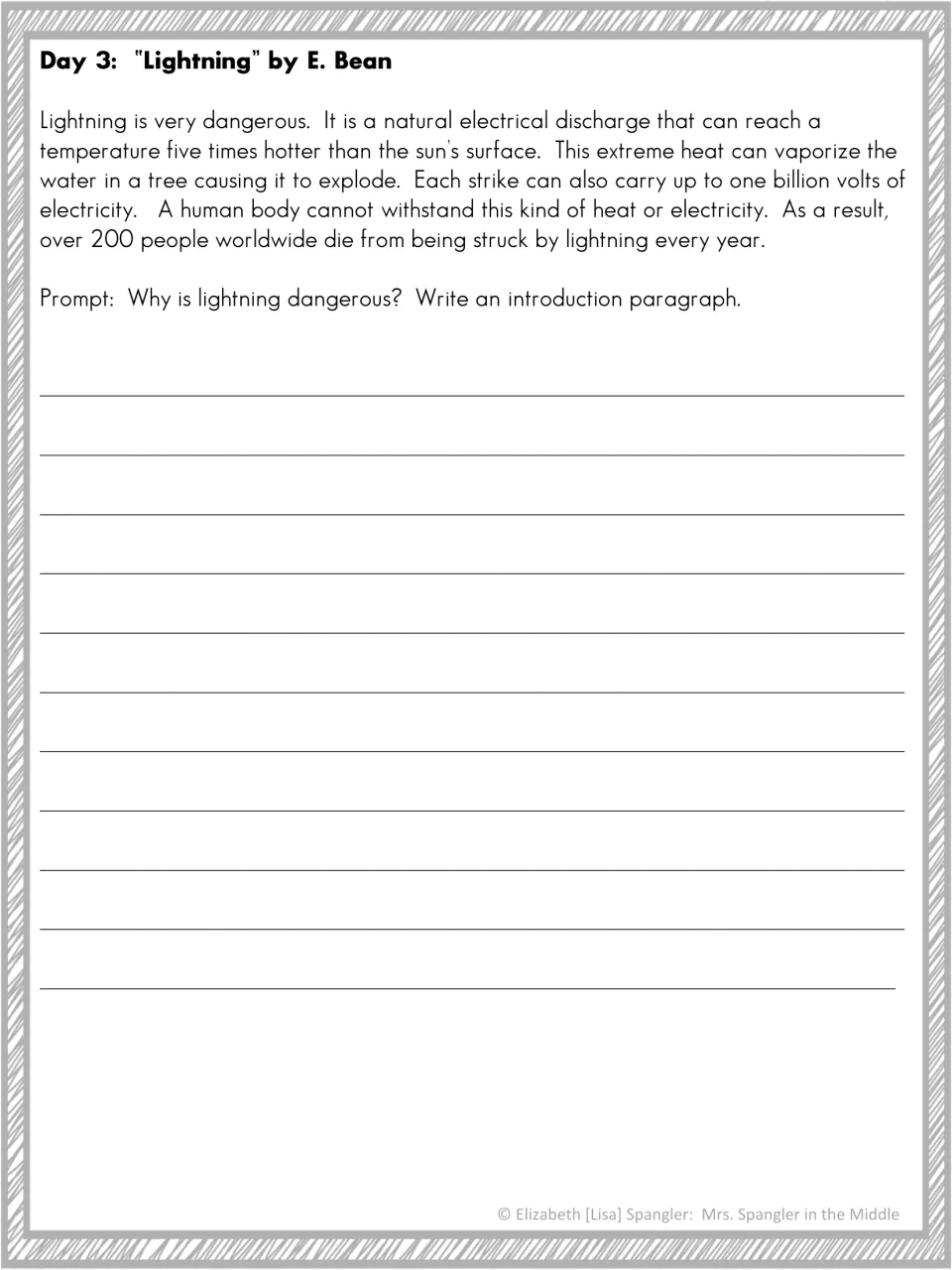 Day 3 Lightning reading: students write an introduction paragraph explaining why lightning is dangerous