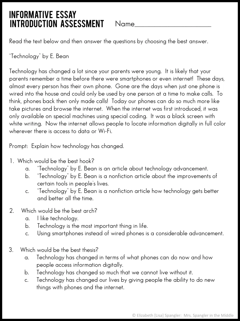 Assessment on a Technology passage: students choose the best hook, arch and thesis from three options for each question