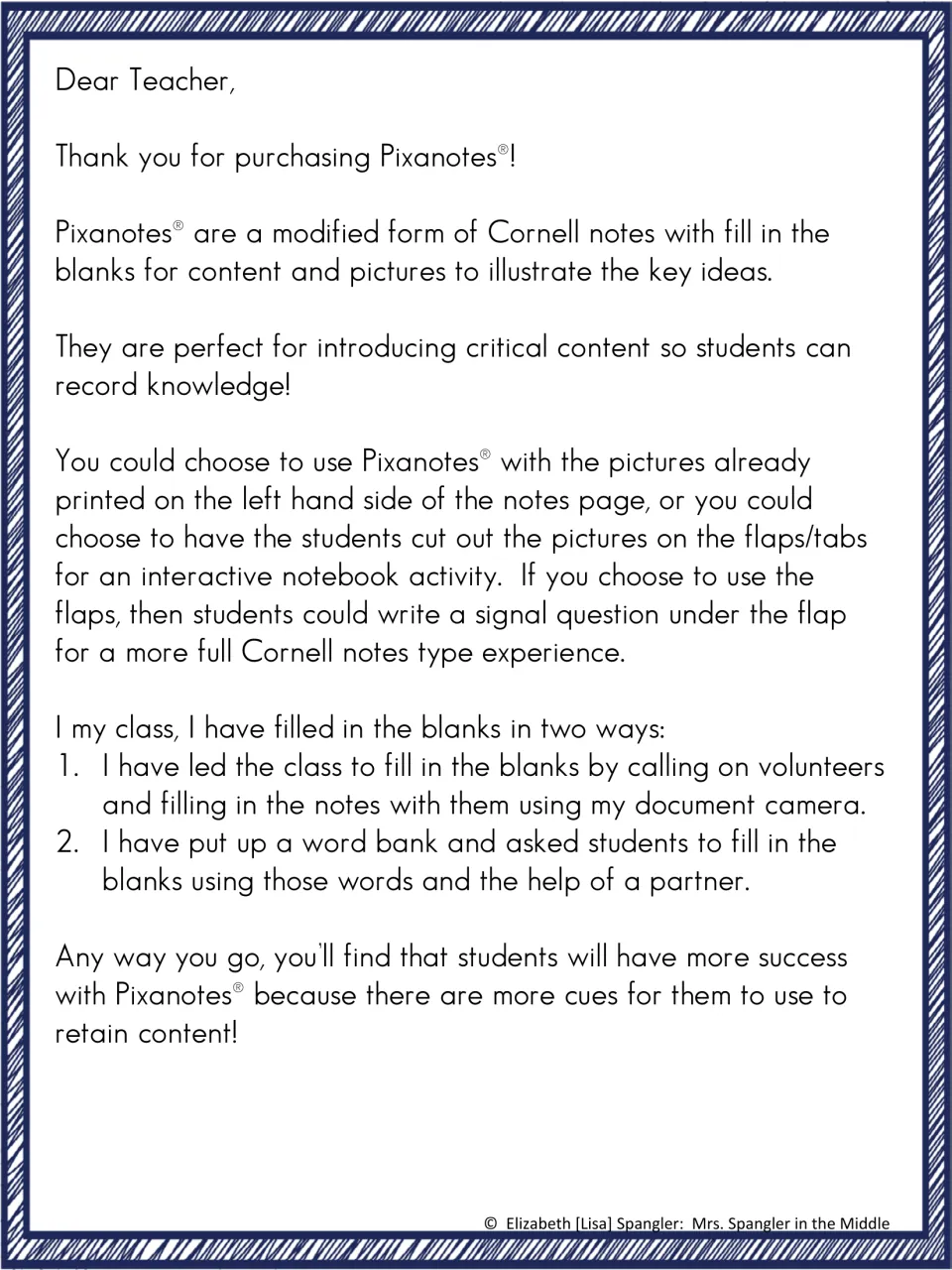 Dear Teacher letter on Pixanotes, Cornell-style notes with fill-in blanks and picture flaps, plus two ways to fill them