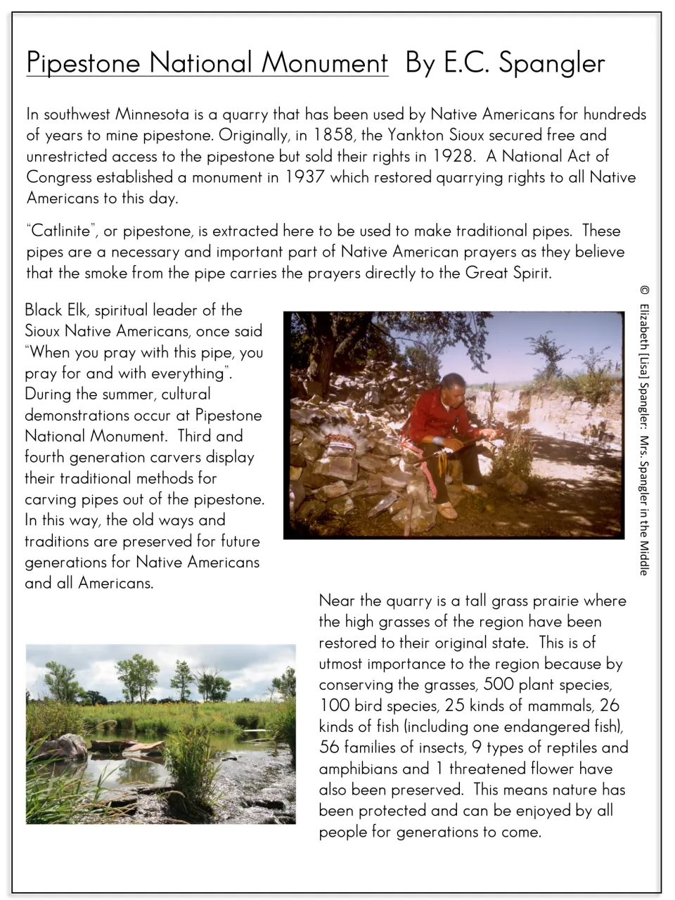 Pipestone National Monument article: students read about pipe carving traditions and the restored tall grass prairie