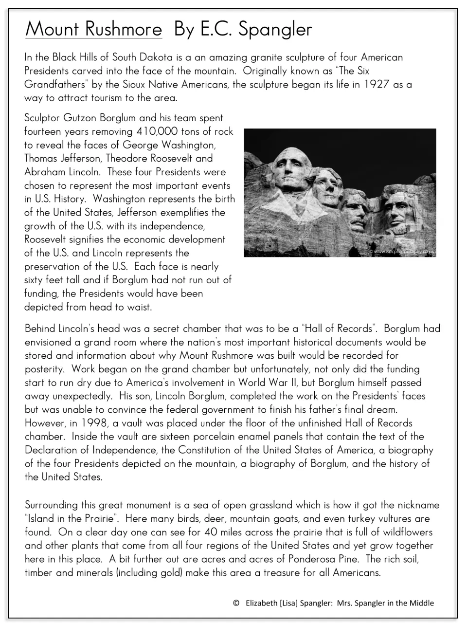 Mount Rushmore article: students read about carving four Presidents, the Hall of Records vault and surrounding prairie