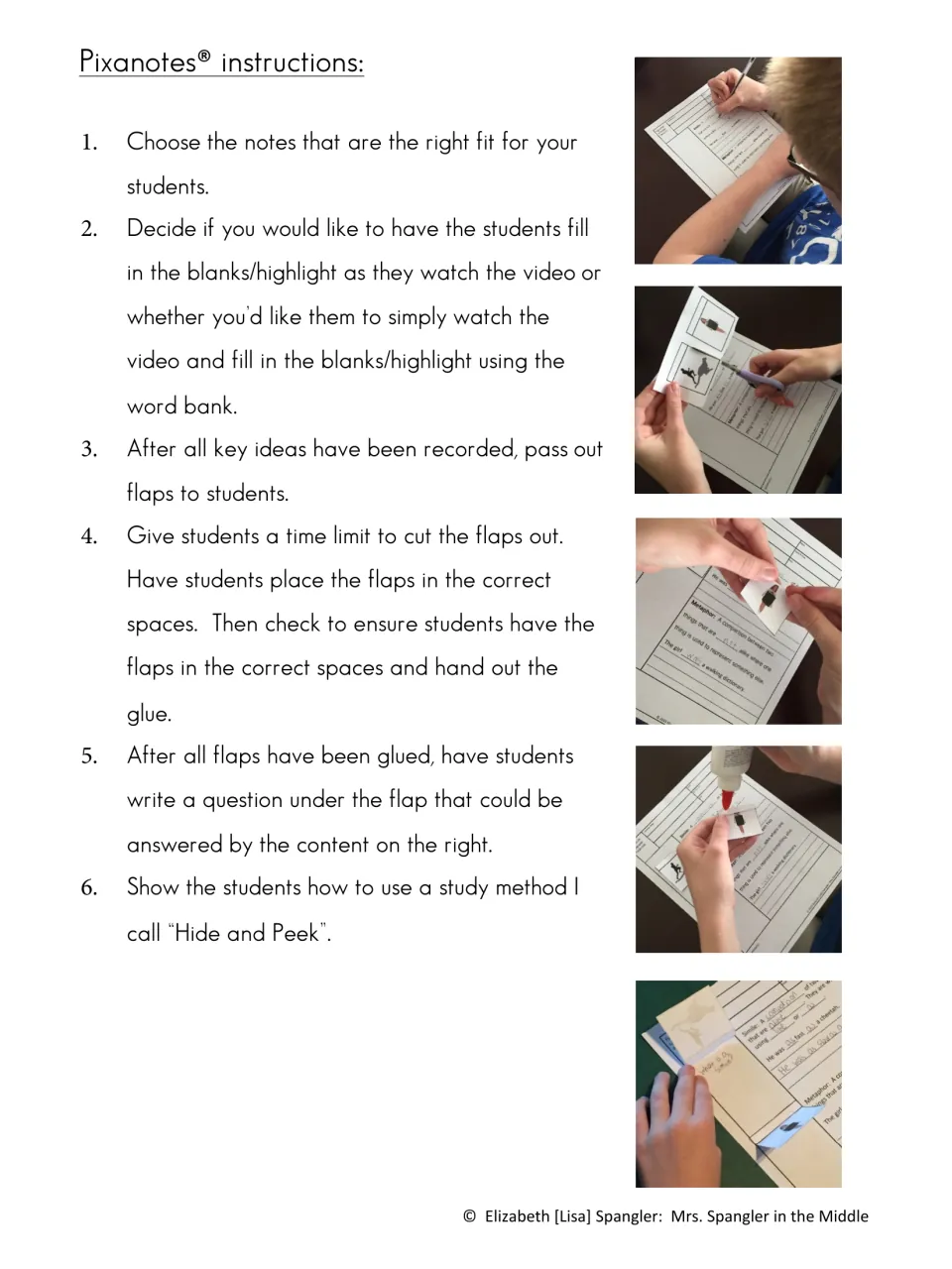 Pixanotes instructions: six steps for filling blanks by video or word bank, gluing picture flaps and Hide and Peek study