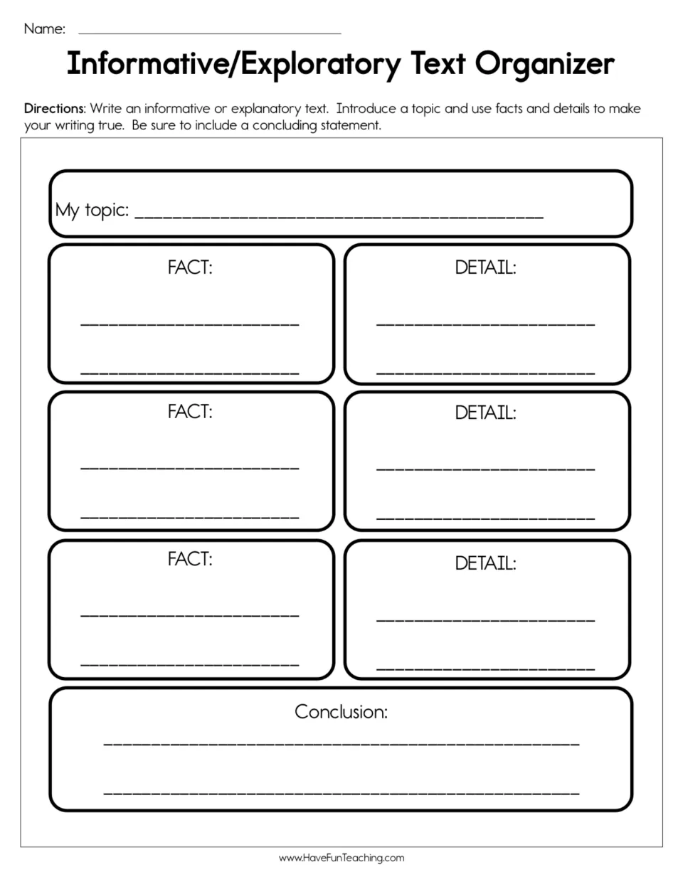 Informative writing planner: students name a topic, list three facts each with a supporting detail, then write a conclusion