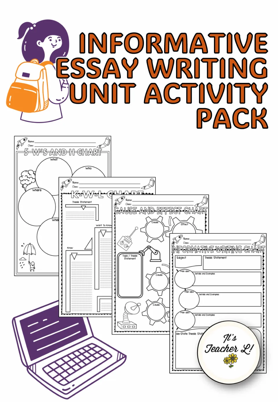 Informative Essay Writing Unit Activity Pack cover: 5 W's and H, K-W-L, cause and effect and informative writing charts