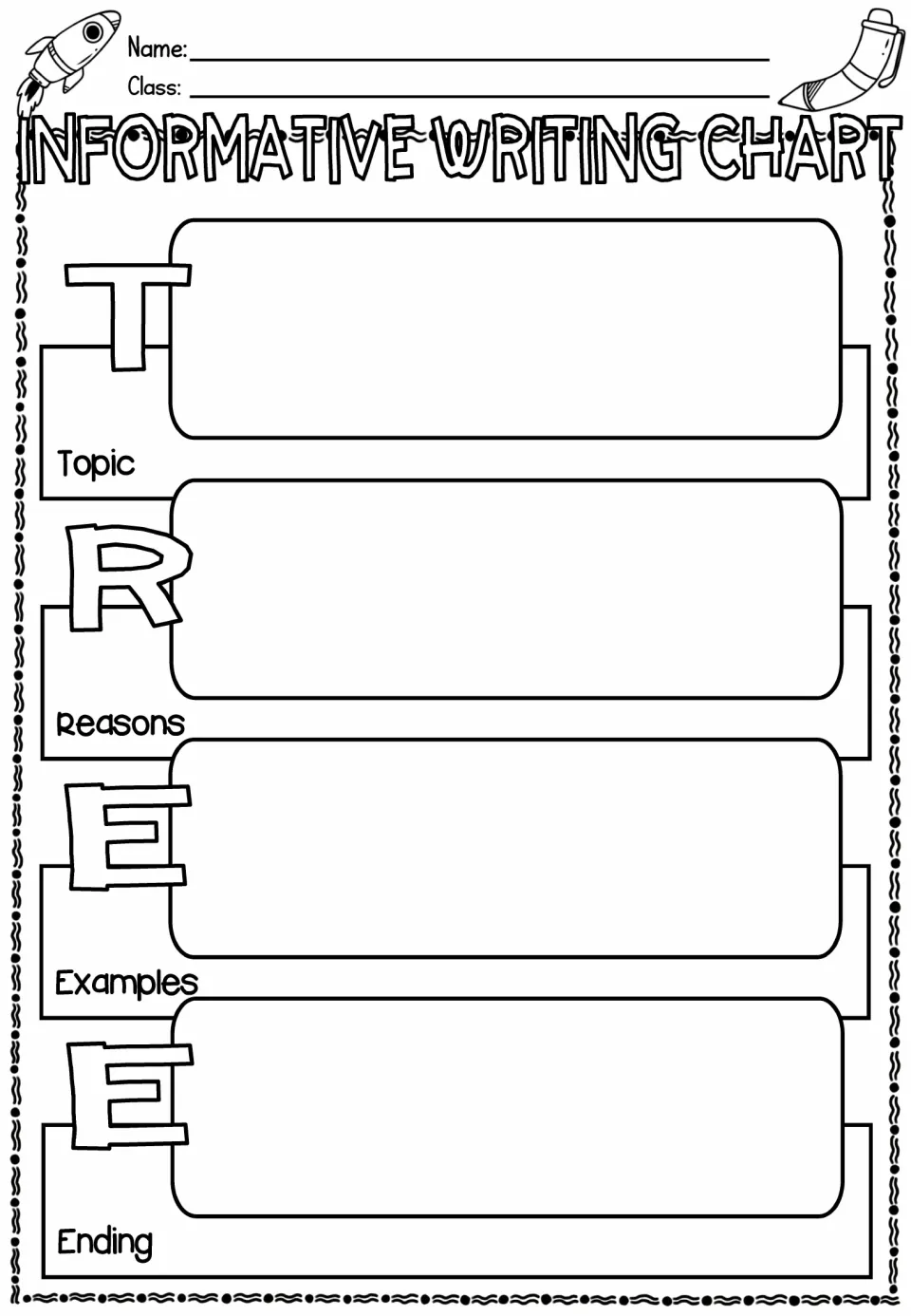TREE organizer for informative writing: students plan their Topic, Reasons, Examples and Ending, one letter at a time