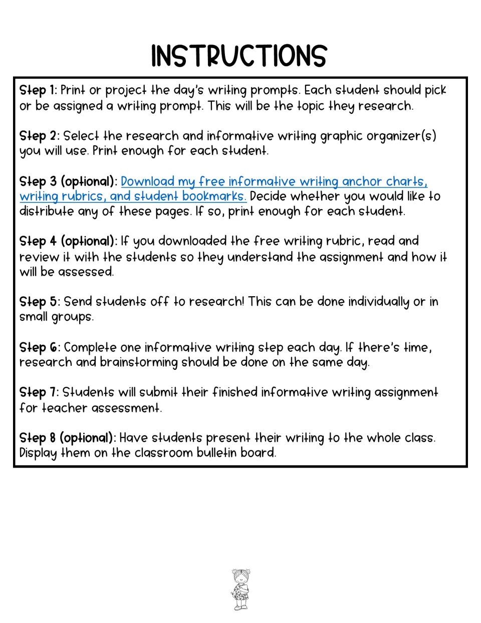 Instructions in 8 steps: assign a daily prompt, pick graphic organizers, research, write one step a day, then present